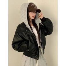 批发冬季假两件加绒保暖连帽<b class='q'>皮衣</b>外套女韩版复古宽松pu皮机车夹克上衣