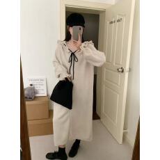 批发◆AMUM孕妇装◆岛屿玫瑰~时尚木耳边系带单排扣喇叭袖针织<b class='q'>连衣裙</b>