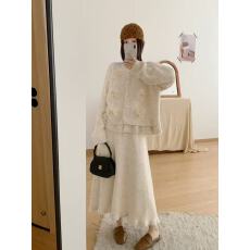 批发大码胖mm秋季新款宽松休闲设计感毛衣高腰显瘦半身裙时尚两件套女