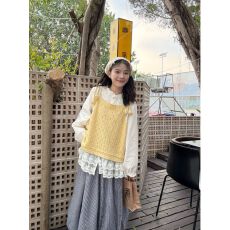 批发甜美<b class='q'>森女</b>穿搭圆领<b class='q'>衬衫</b>女+拼接系带针织马甲