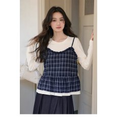 批发大码2026早<b class='q'>春</b>新款格子吊带拼接假两件t恤上衣