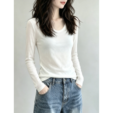 批发长袖<b class='q'>T</b><b class='q'>恤</b>女早秋新款纯色通勤百搭小衫内搭高级感打底衫上衣