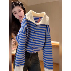 批发<b class='q'>欧洲站</b>蓝色条纹polo领长袖针织开衫女早秋<b class='q'>新款</b>宽松软糯毛衣外套潮