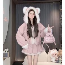 批发大码女装小香风甜美连帽毛领减龄毛呢外套短裙套装