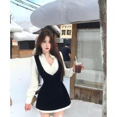 批发大码女装纯欲黑色拼接<b class='q'>连衣裙</b>女秋修身显瘦长袖裙子