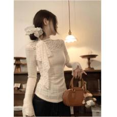 批发大码女装纯欲风蝴蝶结蕾丝长袖t恤<b class='q'>秋</b>冬加绒打底衫上衣