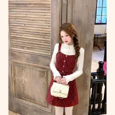 批发大码女装复古法式红色格纹<b class='q'>连衣裙</b>女秋冬穿搭拼接<b class='q'>连衣裙</b>