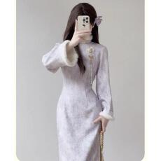 批发大码女装紫色旗袍新中式少女修身改良版<b class='q'>连衣裙</b>秋冬加绒