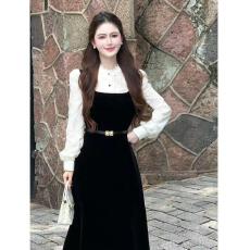 批发大码女装赫本风假两件法式复古显瘦白拼黑连衣裙