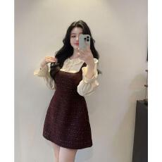 批发大码女装荷叶边拼接紫色小香风连衣裙气质名媛裙子