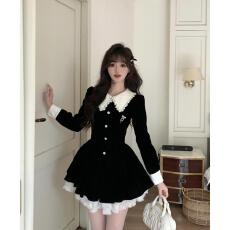 批发大码女装法式黑色丝绒连衣裙女千金蕾丝拼接小黑裙