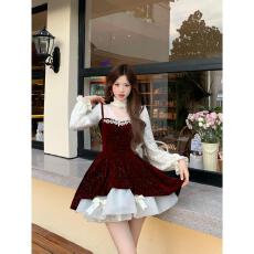 批发大码女装圣诞新年蕾丝内搭上衣<b class='q'>丝绒</b>细闪吊带裙<b class='q'>套装</b>