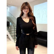 批发大码女装韩系气质V领灯笼袖针织衫<b class='q'>秋</b>冬设计感掐腰上衣