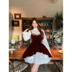 批发大码女装圣诞新年蕾丝内搭上衣丝绒细闪吊带裙套装