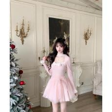 批发大码女装<b class='q'>甜美</b>粉色针织拼网纱裙绑带蝴蝶结公主连衣裙