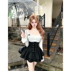 批发<b class='q'>大码</b>女装蝴蝶结包肩显瘦上衣喇叭袖<b class='q'>长袖</b>T恤高腰短裙