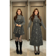 批发大码女装纯欲辣妹气质百搭灰色上衣吊带连衣裙