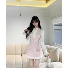 批发大码女装法式千金风假两件波点拼粉色呢子连衣裙