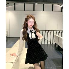 批发大码女装丝绒假两件蝴蝶结连衣裙<b class='q'>冬</b>烫钻波点A字裙