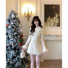 批发大码女装少女名媛千金风连衣裙毛毛袖重工小香风裙子