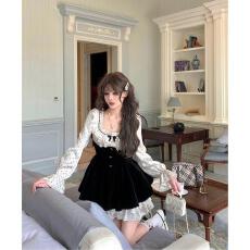 批发大码女装千金法式少女连衣裙波点高级千金拼接裙子