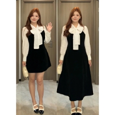 批发大码女装千金浪漫拼接蕾丝蝴蝶结提花上衣叠穿吊带裙