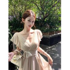 批发大码女装气质荷叶袖V领连衣裙温柔绑带雪纺裙礼服