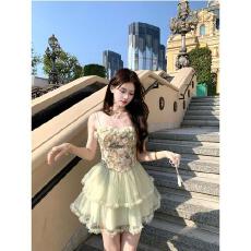 批发大码女装玫瑰印花吊带连衣裙女春季法式气质裙子礼服