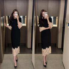 批发大码女装贵气拼色连衣裙喇叭袖蕾丝拼接高腰中式裙子