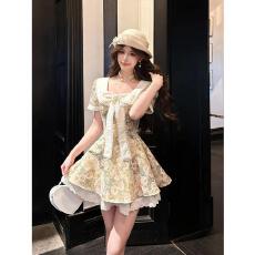批发大码女装法式千金印花娃娃领收腰显瘦短袖连衣裙礼服