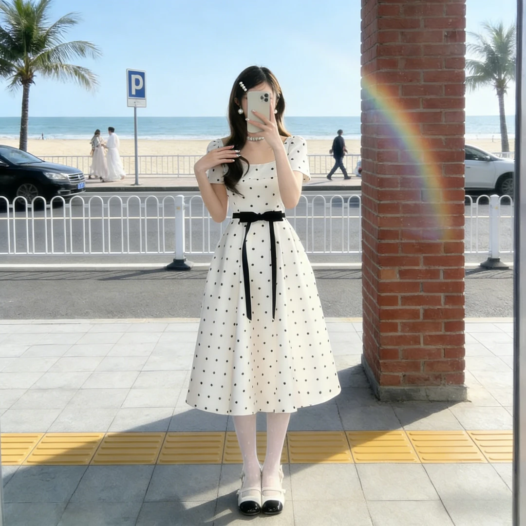 빅 사이즈 여성 의류 프랑스식 레트로 도트 무늬 허리 수축 우아함 한 마디 드레스 반팔 치마
