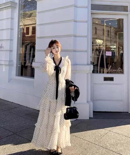 빅 사이즈 여성 의류 프랑스식 휴가 바람 도트 무늬 드레스 허리 수축 V넥 긴팔 케이크 드레스
