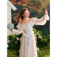 批发大码女装法式仙女裙一字肩白色长款连衣裙蕾丝裙礼服