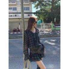 批发高个子大码女装复古V领格纹连衣裙收腰显瘦<b class='q'>短裙</b>子