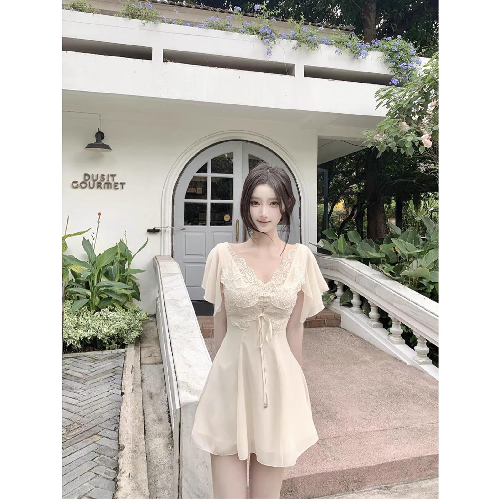 빅 사이즈 여성 의류 자수 레이스 쉬폰 드레스 섹시함 순수한 욕망 바람 반팔 치마