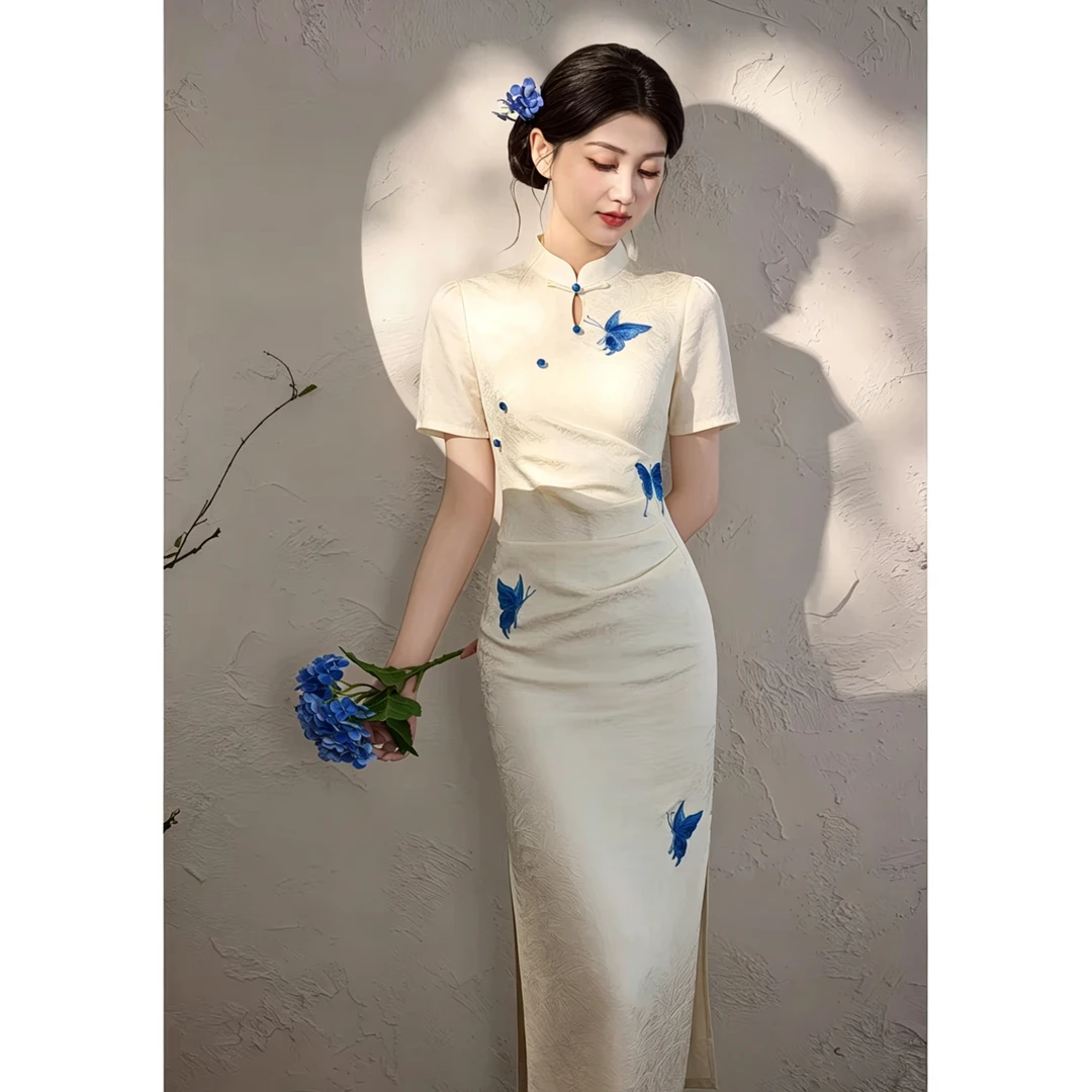 빅 사이즈 여성 의류 나비 자수 새로운 중식 개선 치파오 품격 아름다운 드레스