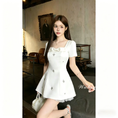 批发大码女装纯欲甜美风蝴蝶结连衣裙女收腰显瘦短裙礼服