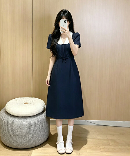 빅 사이즈 여성 의류 풍부한 작은 집 천 골드 여름 달콤한 매운맛 배색 V넥 품격 허리 수축 점프 슈트 치마