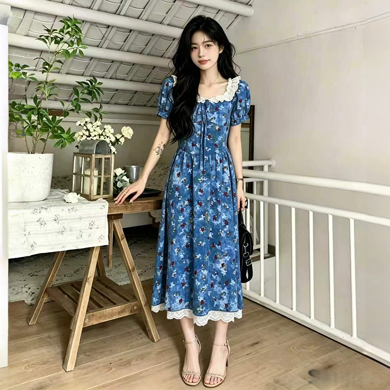 빅 사이즈 여성 의류 여름 프랑스식 달콤함 파란색 광장 칼라 거품 소매 꽃무늬 드레스