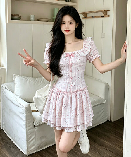 빅 사이즈 여성 의류 여름 순수한 욕망 달콤함 발레 레이스 조각 허리 수축 슬림해 보이는 점프 슈트 치마