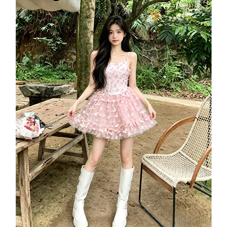 빅 사이즈 여성 의류 달콤함 꽃무늬 작은 나비 슬립 드레스 허리 수축 슬림해 보이는 핑크색 치마