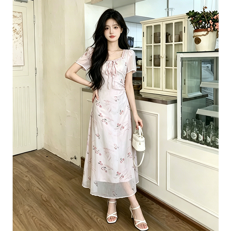 빅 사이즈 여성 의류 핑크색 작은 날다 소매 꽃무늬 드레스 여름 요정 품격 허리 수축 치마