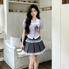 批发大码女装学院风夏季粉色假两件衬衫+灰色百褶裙套装