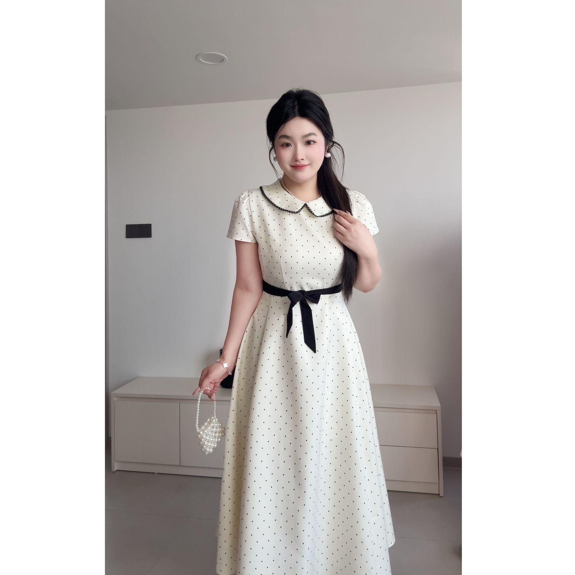빅 사이즈 여성 의류 베이비 칼라 달콤함 도트 무늬 드레스 여름 작은 샤넬 스타일 외국 가스 치마
