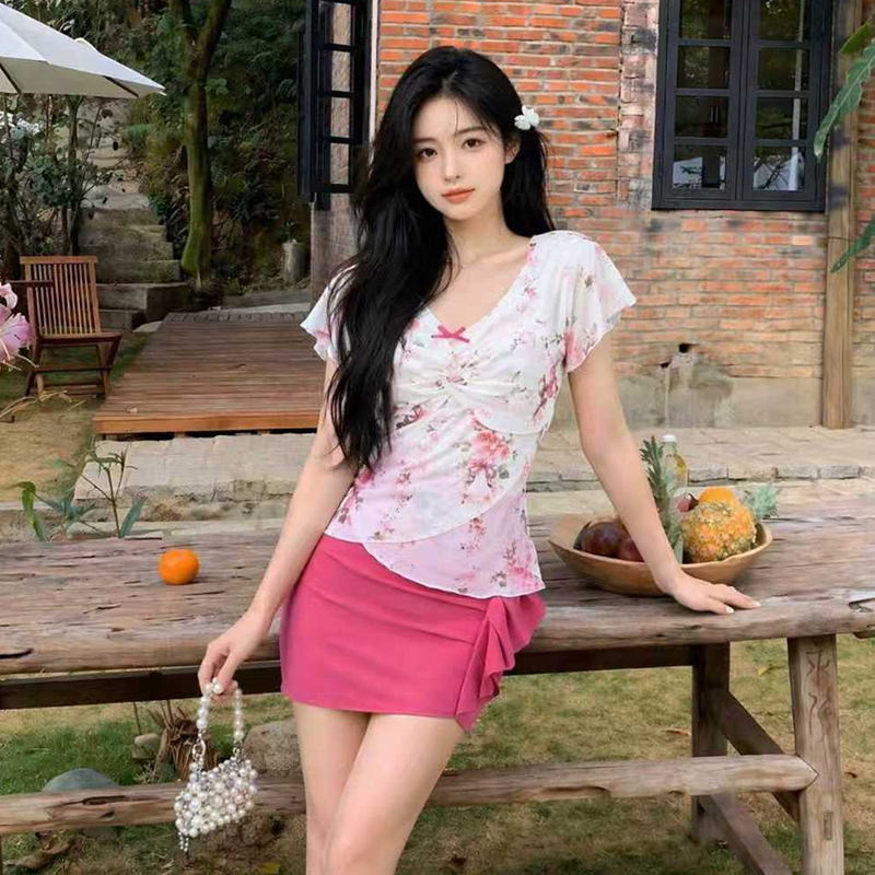 빅 사이즈 여성 의류 달콤한 매운맛 섹시함 꽃무늬 레이스 V넥 달콤함 순수한 욕망 반팔 맨위 미니 스커트
