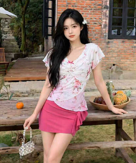 빅 사이즈 여성 의류 달콤한 매운맛 섹시함 꽃무늬 레이스 V넥 달콤함 순수한 욕망 반팔 맨위 미니 스커트