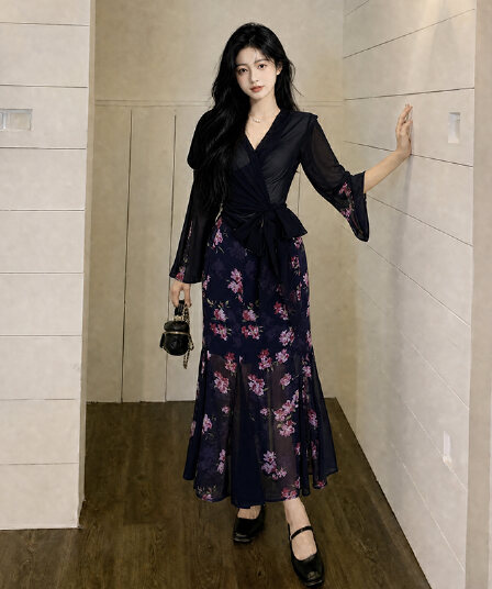 빅 사이즈 여성 의류 여름 패션 여성 검정색 맨위 검정색 꽃무늬 반신 스커트 예복
