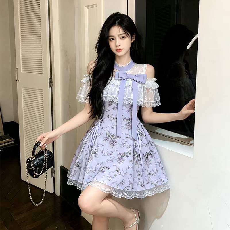 빅 사이즈 여성 의류 보라색 꽃무늬 클리어 부서 레이스 행침 목 오프숄더 점프 슈트 치마