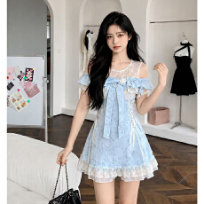 批发大码女装法式纯欲镂空蕾丝拼接假两件连衣裙子