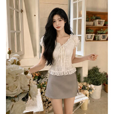 批发大码女装辣妹纯欲风一字肩露肩<b class='q'>蕾丝</b>衬衫上衣<b class='q'>短裙</b>